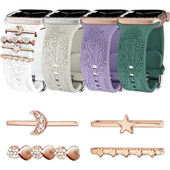 NEW 4 Pack Floral Engraved Apple Watch Bands with Charms - Picture 1 of 5